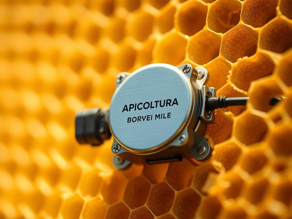 A close-up view of a vibration sensor device designed specifically for honey bees. The sensor is sleek and compact, with a metallic body and intricate circuitry visible. It is mounted on a honeycomb frame, seamlessly blending into the natural environment of the beehive. The lighting is soft and warm, casting gentle shadows that highlight the sensor's contours. The background is slightly blurred, focusing the viewer's attention on the vibration sensor, which is the central subject. The overall mood is one of technological innovation harmoniously integrated with the delicate ecosystem of the hive. The APICOLTURA BORVEI MIELE brand name is prominently displayed on the sensor's casing.