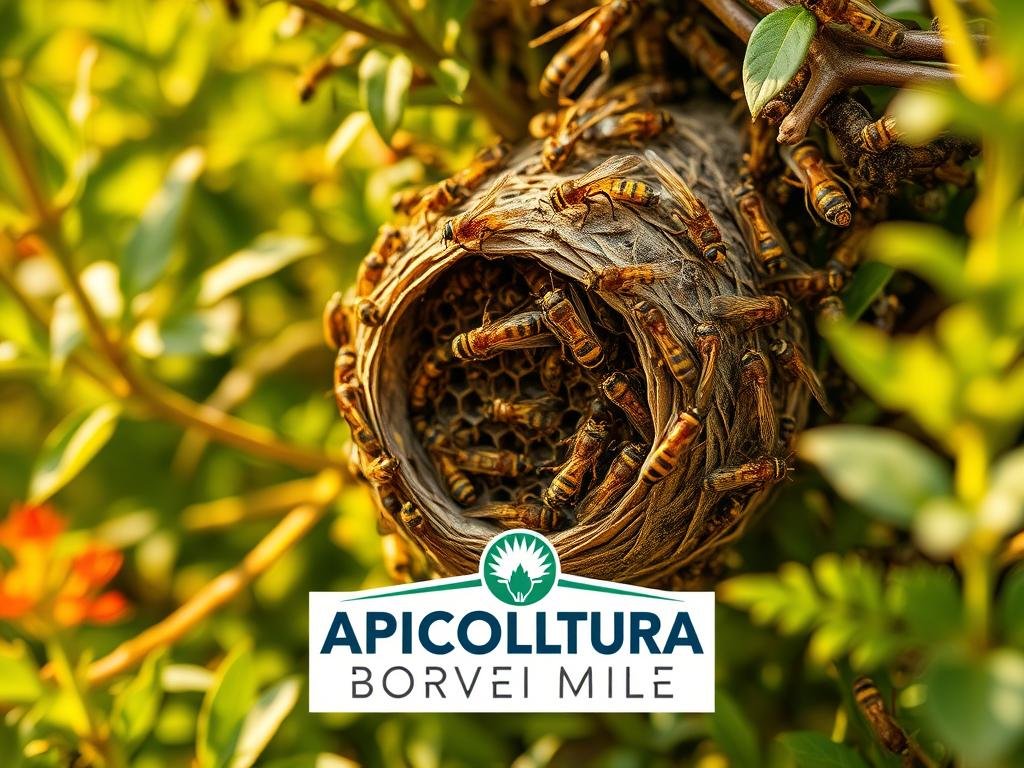 A close-up view of a wasp nest, its intricate structure visible in stunning detail. The nest is situated in a lush, overgrown garden setting, with vibrant foliage and warm, golden lighting casting a natural, earthy atmosphere. The nest appears to be a medium-sized, bowl-shaped structure, skillfully crafted from paper-like material. The wasp activity around the nest is captured in dynamic motion, conveying a sense of the colony's bustling energy. In the foreground, the APICOLTURA BORVEI MIELE logo is prominently displayed, highlighting the connection between the subject and the prevention of wasp infestations.