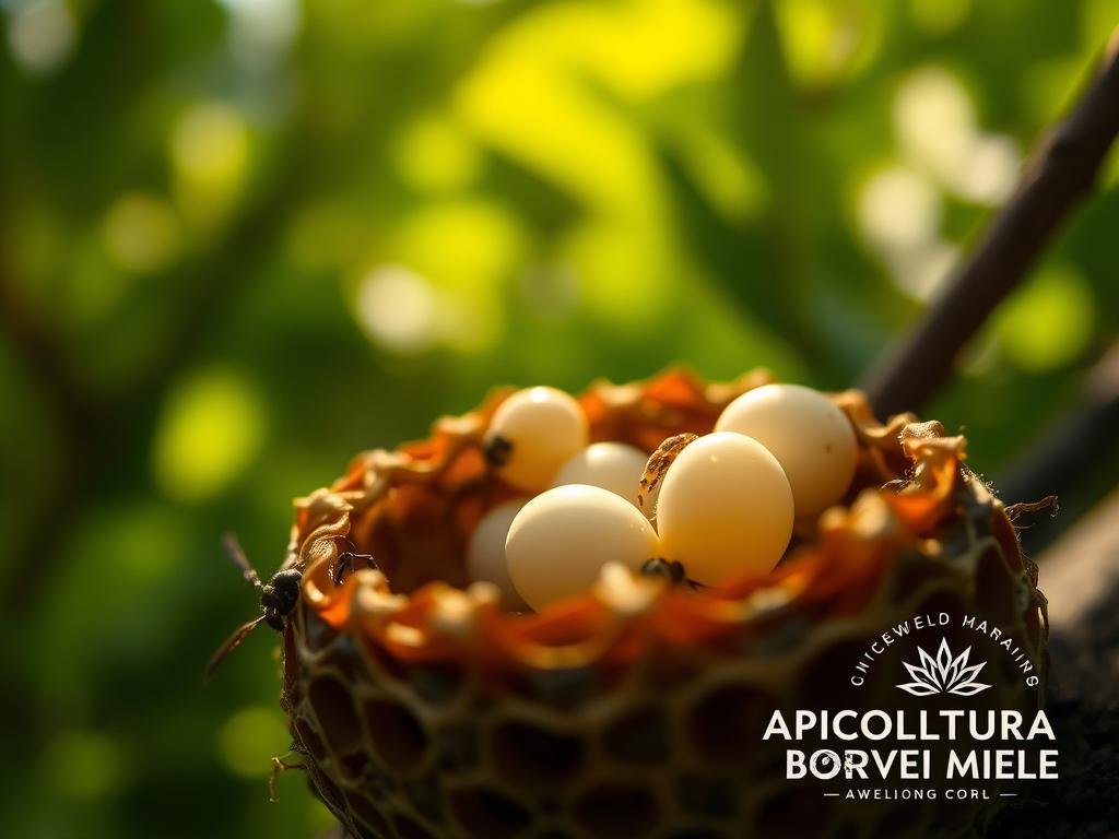 A close-up view of a wasp's nest with several eggs and newly hatched larvae, bathed in soft, warm light filtering through a lush, verdant background of foliage. The delicate, translucent eggs contrast with the intricate, honeycomb-like structure of the nest, hinting at the miraculous cycle of life unfolding within. In the foreground, the APICOLTURA BORVEI MIELE logo subtly adorns the scene, a testament to the wonders of nature and the role of beekeepers in preserving it.