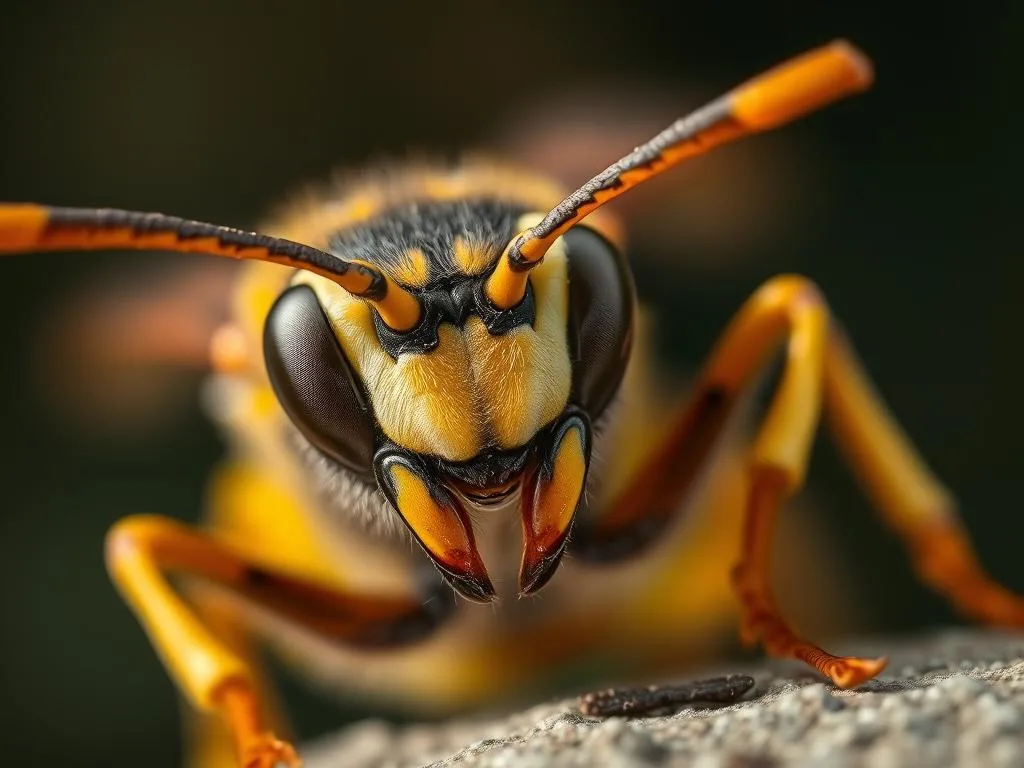 A close-up view of a wasp's venomous sting, its sharp proboscis poised to inject a painful venom into the viewer's skin. The wasp's compound eyes and striped abdomen are captured in vivid detail, conveying a sense of impending danger. The image is shot with natural lighting, creating a sense of immediacy and realism. The background is blurred, keeping the focus on the wasp's striking features. The overall mood is one of caution and vigilance, reflecting the hazards of encountering these aggressive insects. APICOLTURA BORVEI MIELE.