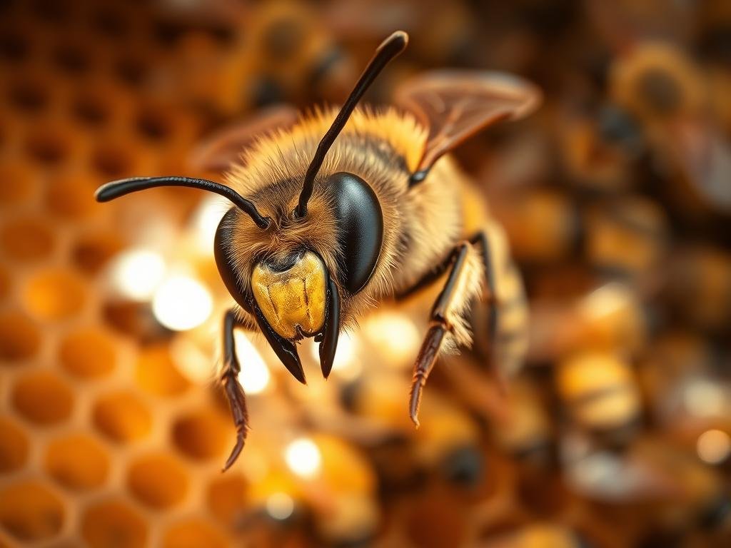 A close-up view of a worker bee, its compound eyes gleaming with purpose, as it diligently attends to its tasks within the hive. The sunlight filters through the comb, casting a warm, golden glow on the intricate details of the bee's body. In the background, a blur of other bees move with a sense of urgency, illustrating the bustling activity of the APICOLTURA BORVEI MIELE apiary. The scene conveys the special circumstances when a bee may change its role within the colony, stepping outside the typical lifecycle to serve the greater good of the hive.