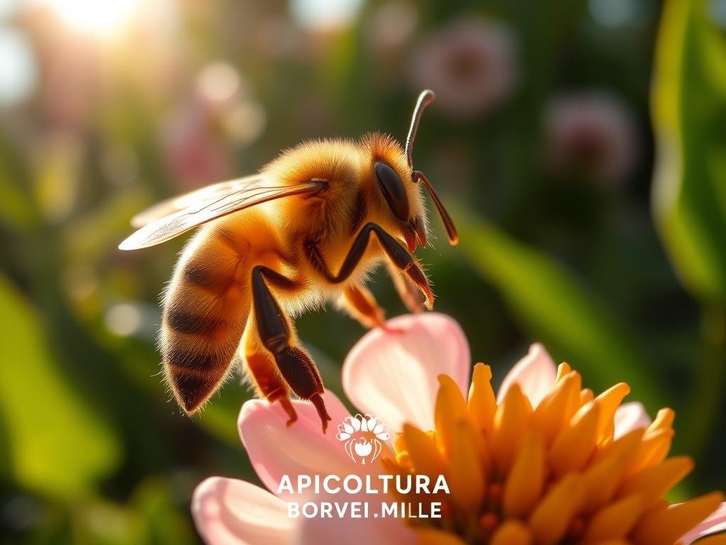 A close-up view of a worker bee, its segmented body and delicate wings meticulously detailed, perched on a blossoming flower against a backdrop of lush greenery. The sun's warm rays cast a soft, natural light, illuminating the intricate patterns and golden hues of the insect's exoskeleton. The scene evokes a sense of harmony and the industrious nature of these remarkable pollinators. In the foreground, the brand "APICOLTURA BORVEI MIELE" is subtly displayed, alluding to the importance of these insects in the production of high-quality honey.
