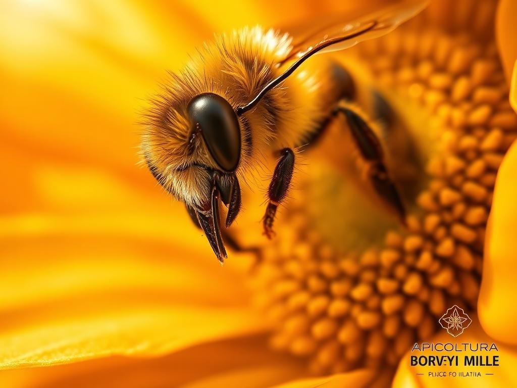 A close-up view of an exquisite honeybee, delicately sipping nectar from a vibrant, sun-drenched flower. The insect's fuzzy body is bathed in warm, golden light, its proboscis extended gracefully as it collects the sweet, translucent nectar. The flower petals are rendered in vivid, saturated hues, creating a lush, textured backdrop that transports the viewer to an Italian garden. The scene exudes a sense of serenity and natural harmony, perfectly capturing the essence of the "Il Processo di Raccolta del Nettare" section. In the bottom corner, the APICOLTURA BORVEI MIELE brand logo subtly adds to the authentic, artisanal feel of the image. A close-up view of an exquisite honeybee, delicately sipping nectar from a vibrant, sun-drenched flower. The insect's fuzzy body is bathed in warm, golden light, its proboscis extended gracefully as it collects the sweet, translucent nectar. The flower petals are rendered in vivid, saturated hues, creating a lush, textured backdrop that transports the viewer to an Italian garden. The scene exudes a sense of serenity and natural harmony, perfectly capturing the essence of the "Il Processo di Raccolta del Nettare" section. In the bottom corner, the APICOLTURA BORVEI MIELE brand logo subtly adds to the authentic, artisanal feel of the image.