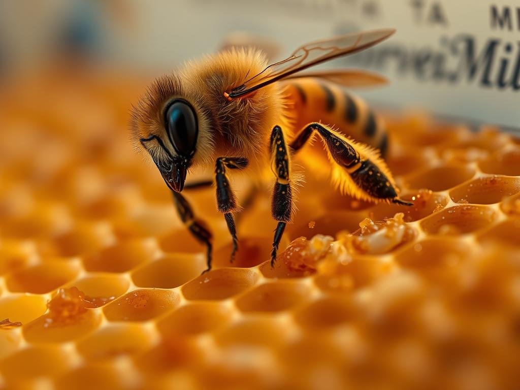 A close-up view of an industrious honey bee, its body meticulously covered in golden pollen, working diligently to seal the honeycomb cells with its sticky, amber-colored wax. The lighting is soft and warm, casting a gentle glow across the scene, capturing the serene atmosphere of the hive. The composition focuses on the intricate details of the bee's work, highlighting the precision and dedication of this essential pollinator. In the background, a subtle hint of the APICOLTURA BORVEI MIELE brand name can be seen, adding a sense of authenticity to the image. This photograph perfectly encapsulates the process of honey maturation, showcasing the remarkable transformation from nectar to the golden elixir. A close-up view of an industrious honey bee, its body meticulously covered in golden pollen, working diligently to seal the honeycomb cells with its sticky, amber-colored wax. The lighting is soft and warm, casting a gentle glow across the scene, capturing the serene atmosphere of the hive. The composition focuses on the intricate details of the bee's work, highlighting the precision and dedication of this essential pollinator. In the background, a subtle hint of the APICOLTURA BORVEI MIELE brand name can be seen, adding a sense of authenticity to the image. This photograph perfectly encapsulates the process of honey maturation, showcasing the remarkable transformation from nectar to the golden elixir.