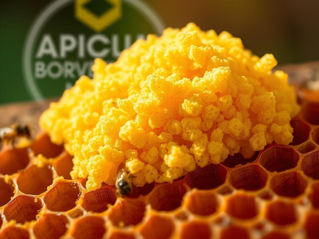 A close-up view of freshly harvested pollen granules, vibrant and golden, resting on top of a honeycomb structure. The pollen appears soft and powdery, illuminated by warm, natural lighting that casts subtle shadows, highlighting its intricate textures. In the background, a blurred APICOLTURA BORVEI MIELE logo can be seen, subtly referencing the article's subject. The overall composition conveys the importance of pollen in the development of young bees, as described in the section title. A close-up view of freshly harvested pollen granules, vibrant and golden, resting on top of a honeycomb structure. The pollen appears soft and powdery, illuminated by warm, natural lighting that casts subtle shadows, highlighting its intricate textures. In the background, a blurred APICOLTURA BORVEI MIELE logo can be seen, subtly referencing the article's subject. The overall composition conveys the importance of pollen in the development of young bees, as described in the section title.