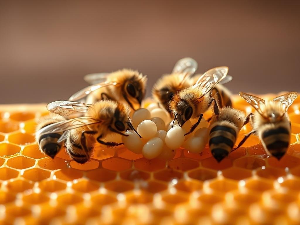 A close-up view of several Apicoltura worker bees, known as "api nutrici", carefully tending to the delicate larvae within the honeycomb structure of a beehive. The bees appear softly illuminated by warm, natural lighting, casting subtle shadows that accentuate their fuzzy bodies and gentle movements as they feed and groom the young. The mid-ground is filled with the intricate details of the wax comb, while the background fades into a hazy, out-of-focus rendering of the hive's interior. The overall scene exudes a sense of peaceful industriousness, capturing the essence of the api nutrici's vital role in nurturing the next generation of the colony.