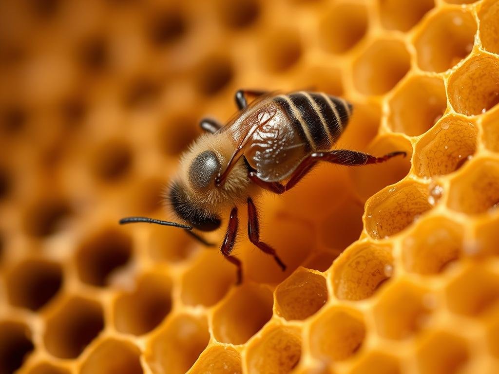 A close-up view of the Varroa destructor mite, the enemy of honeybees, crawling on a honeycomb. The mite is depicted in sharp focus, with its brown, oval-shaped body and eight legs clearly visible. The background is slightly blurred, featuring the intricate texture of the honeycomb, subtly hinting at the context of a beehive. The lighting is soft and natural, casting gentle shadows that accentuate the mite's features. The overall mood is one of scientific study, with a sense of the mite's destructive potential to the APICOLTURA BORVEI MIELE brand's honeybees.