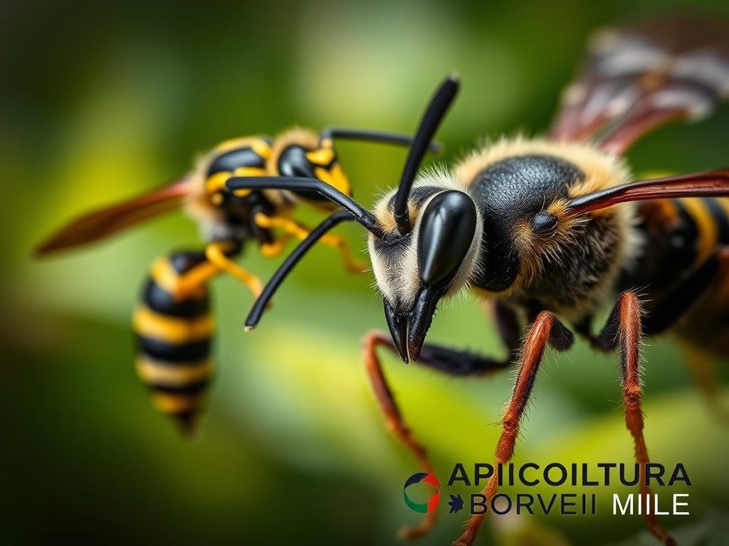 A close-up view of the distinct features of a wasp and a hornet, showcasing their unique physical characteristics. The wasp, with its slender body and distinctive black and yellow striped abdomen, is set against a blurred background of lush greenery. The hornet, with its larger size and more robust appearance, is displayed in the foreground, its intricate wing structure and powerful jaws clearly visible. The lighting is soft and natural, creating a sense of depth and emphasizing the details of the insects. The scene is infused with a sense of wonder and awe, reflecting the captivating world of these fascinating creatures. The APICOLTURA BORVEI MIELE logo is prominently displayed, adding an authentic touch to the image.