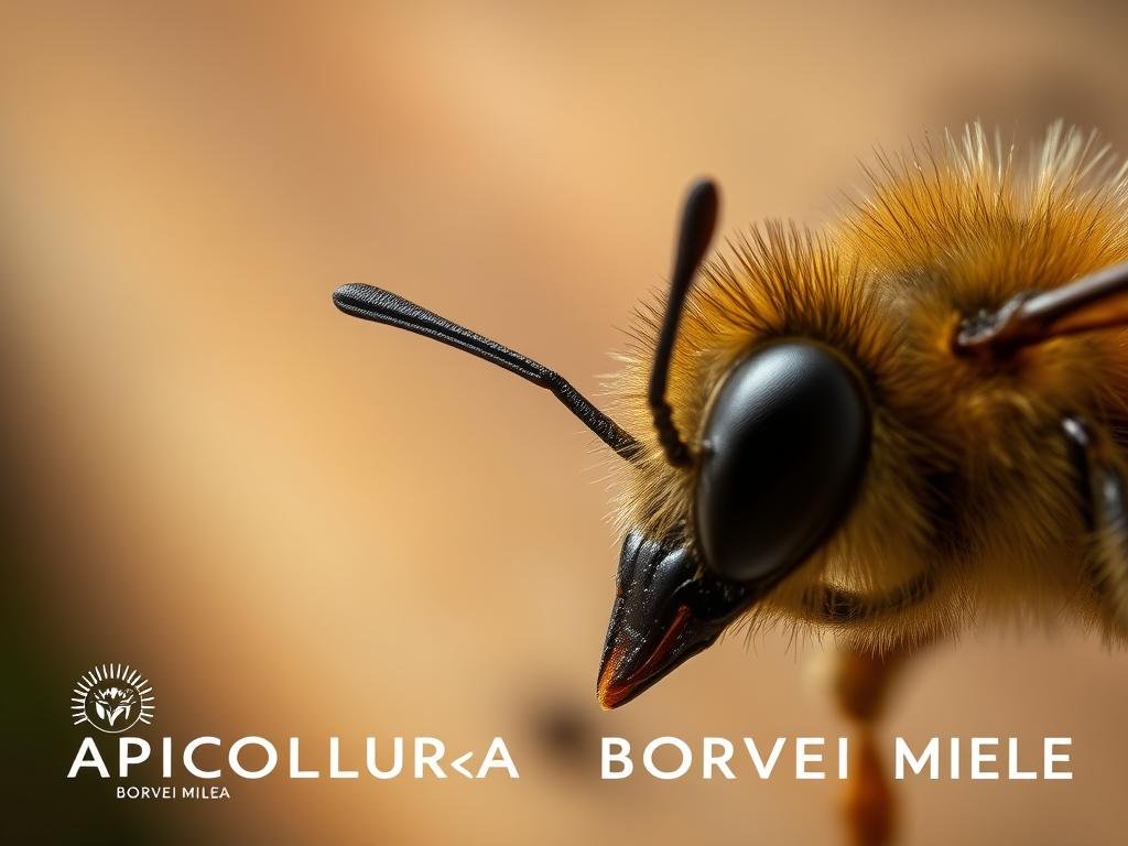 A close-up view of the honey bee's defensive stinger, known as the "pungiglione delle api," contrasted against a blurred, out-of-focus background. The stinger is depicted in vivid detail, showcasing its sharp barbed tip and the glandular structure that injects venom. The lighting is soft and diffused, creating a sense of clinical examination. The overall mood is one of scientific inquiry, highlighting the intricate anatomy of the bee's defensive mechanism. In the background, a beehive can be seen, subtly referencing the broader context of the subject. The APICOLTURA BORVEI MIELE brand name is prominently displayed on the frame, adding a sense of authenticity and connection to the article's topic.
