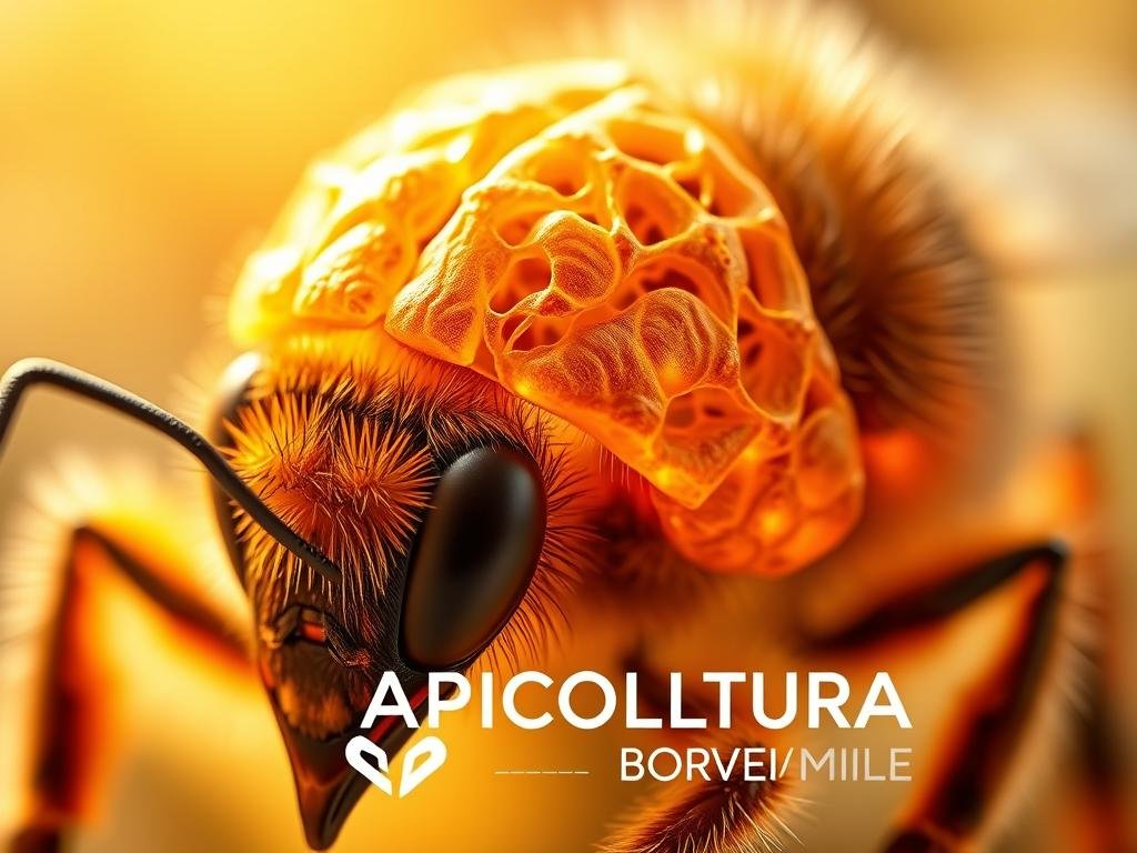 A close-up view of the intricate brain structure of a honeybee, showcasing its complexity and intelligence. The image features a highly detailed, anatomically accurate rendering of the "cervello delle api" - the remarkable brain of the honey bee. Illuminated by a warm, natural light, the delicate neural pathways and clusters of neurons are captured in vivid detail, revealing the sophisticated cognitive capabilities of these fascinating insects. In the foreground, the APICOLTURA BORVEI MIELE logo adds a subtle yet impactful branding element, complementing the scientific subject matter. The overall mood is one of awe and wonder, inviting the viewer to appreciate the hidden wonders of the natural world.