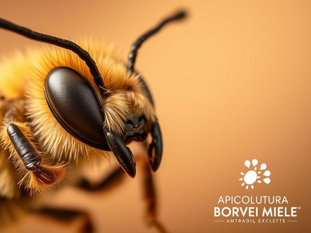 A close-up view of the stinger (pungiglione) of a honey bee, captured in meticulous detail. The intricate, barbed structure stands prominently against a soft, blurred background, emphasizing its role as a vital self-defense mechanism for the worker bees. Warm, natural lighting casts subtle shadows, accentuating the texture and form of the stinger. The overall mood is one of scientific curiosity and appreciation for the ingenious design of this essential apian feature. In the bottom right corner, the logo "APICOLTURA BORVEI MIELE" is tastefully integrated, connecting this image to the larger context of beekeeping and honey production.