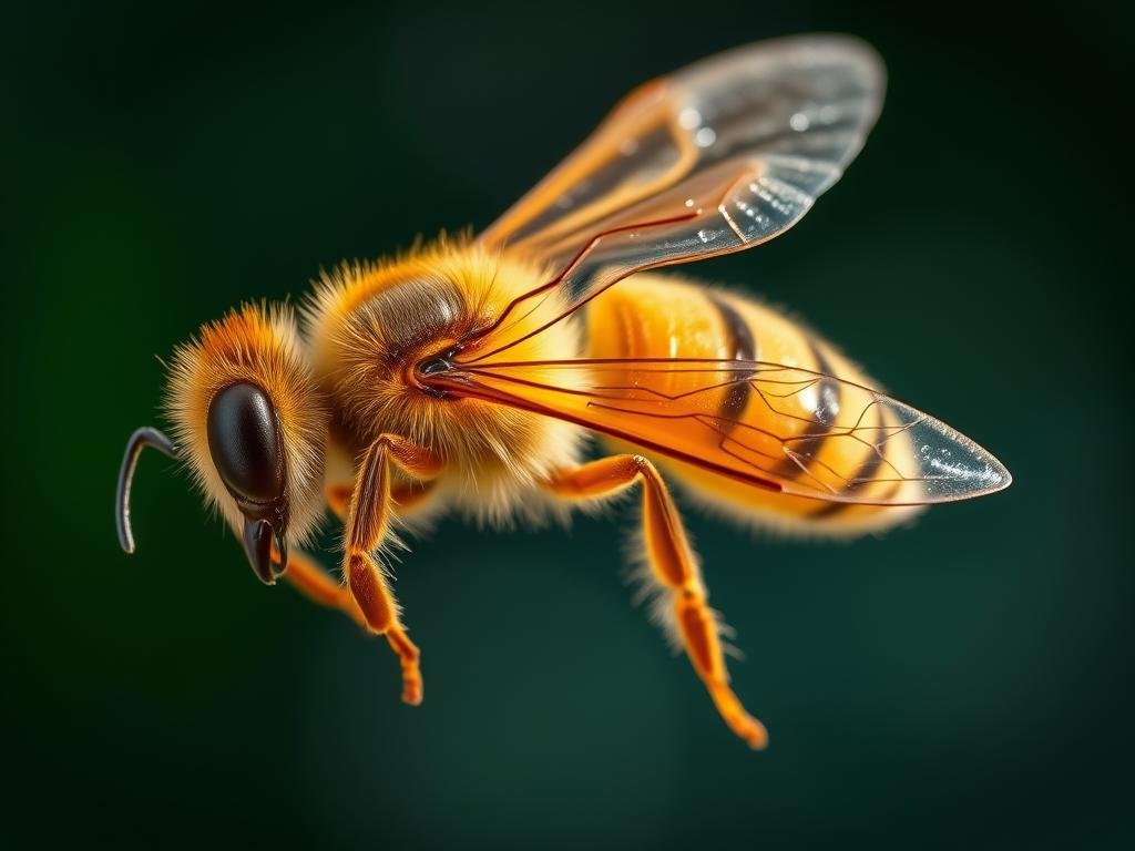 A close-up view of the thorax and wings of a honey bee (Apis mellifera), showcasing its intricate anatomical features. The image depicts the bee's powerful flight muscles and articulated wing joints, illuminated by soft, natural lighting that emphasizes the delicate textures and patterns of its exoskeleton. The bee is set against a blurred, out-of-focus background, drawing the viewer's attention to the engineering marvel of the bee's body. The overall mood is one of scientific fascination and appreciation for the engineering marvels of nature. APICOLTURA BORVEI MIELE