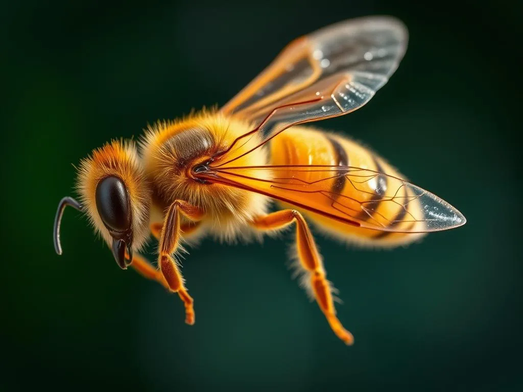 A close-up view of the thorax and wings of a honey bee (Apis mellifera), showcasing its intricate anatomical features. The image depicts the bee's powerful flight muscles and articulated wing joints, illuminated by soft, natural lighting that emphasizes the delicate textures and patterns of its exoskeleton. The bee is set against a blurred, out-of-focus background, drawing the viewer's attention to the engineering marvel of the bee's body. The overall mood is one of scientific fascination and appreciation for the engineering marvels of nature. APICOLTURA BORVEI MIELE