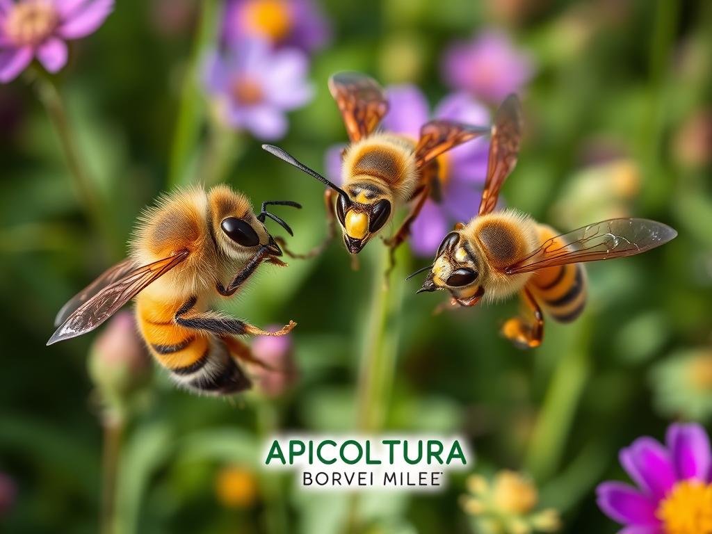 A close-up view of two honey bees and a wasp, their stingers extended, against a backdrop of vibrant wildflowers and lush greenery. The scene is bathed in soft, natural lighting, emphasizing the intricate details of the insects' anatomy. The sharp contrast between the bees' fuzzy bodies and the wasp's sleek, streamlined form captures the distinct differences between the two species. In the foreground, the APICOLTURA BORVEI MIELE logo appears subtly, complementing the overall natural aesthetic. This image conveys the nuances and potential risks associated with bee and wasp stings, as described in the article's "Le Punture: Differenze e Rischi" section.