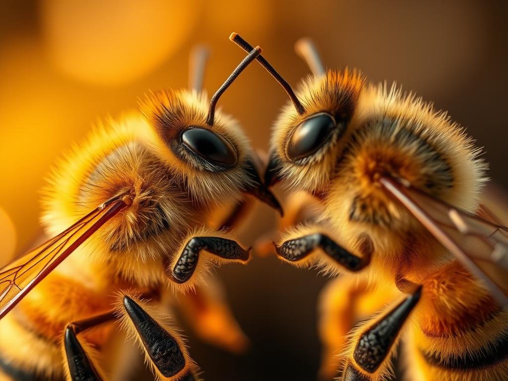 A close-up view of two honeybees engaged in physical contact, their fuzzy bodies pressed together, antennae reaching out to gently touch one another. The scene is illuminated by soft, warm lighting that casts a golden glow, highlighting the intricate patterns and textures of their exoskeletons. The background is blurred, creating a sense of intimacy and focus on the bees' intimate interaction. The overall mood is one of calm, natural curiosity, and the delicate language of touch that allows these industrious pollinators to communicate. APICOLTURA BORVEI MIELE