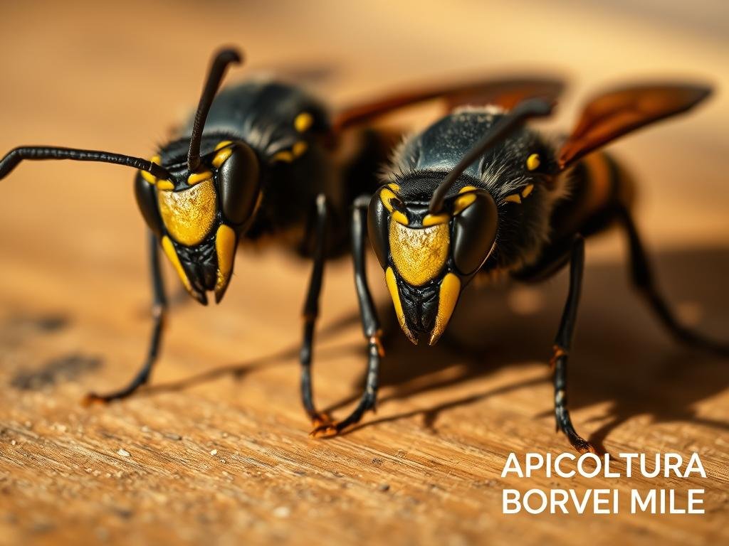 A close-up view of two large, dark-colored hornets known as "calabroni" (Italian for "giant hornets") perched on a wooden surface. The hornets are shown with their distinctive yellow and black striped abdomens, large mandibles, and menacing expressions. The image is captured with a shallow depth of field, allowing the foreground hornets to be in sharp focus while the background is blurred, creating a sense of depth and emphasis on the subject. Warm, natural lighting casts subtle shadows, adding depth and dimensionality to the scene. The overall mood is one of cautious interest, highlighting the potential threat these insects pose to humans. In the bottom right corner, the text "APICOLTURA BORVEI MIELE" is subtly incorporated, alluding to the connection between these hornets and their impact on beekeeping operations.
