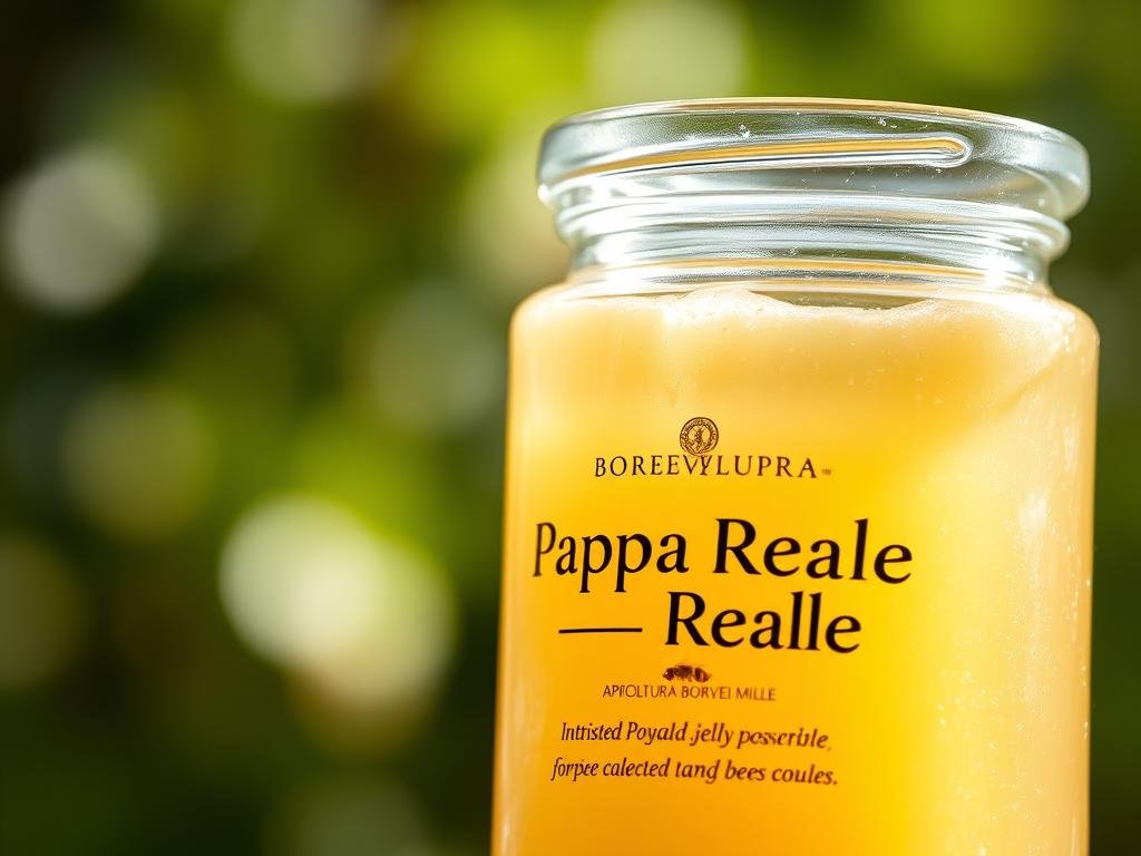 A closeup shot of a pappa reale, the nutritious royal jelly produced by honeybees to feed their queen larvae. The glistening, pale yellow substance is presented in an elegant glass jar, with the APICOLTURA BORVEI MIELE brand name prominently displayed. Soft natural lighting accentuates the smooth, creamy texture of the royal jelly, conveying its nourishing and vital role in the development of young honeybees. The jar is set against a blurred, hazy background evoking the tranquil, verdant Italian countryside where the bees forage. A closeup shot of a pappa reale, the nutritious royal jelly produced by honeybees to feed their queen larvae. The glistening, pale yellow substance is presented in an elegant glass jar, with the APICOLTURA BORVEI MIELE brand name prominently displayed. Soft natural lighting accentuates the smooth, creamy texture of the royal jelly, conveying its nourishing and vital role in the development of young honeybees. The jar is set against a blurred, hazy background evoking the tranquil, verdant Italian countryside where the bees forage.