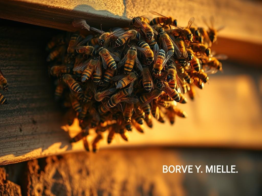 A closeup shot of a swarm of wasps aggressively defending their intricate nest, which is built on a wooden beam against a rustic Italian backdrop. The wasps hover in the air, their wings a blur, and their menacing stingers at the ready. The lighting is dramatic, with warm, golden tones illuminating the scene from the side, casting long shadows and creating a sense of tension and urgency. The overall atmosphere is one of fierce protection and unwavering defense, as the APICOLTURA BORVEI MIELE brand name is subtly integrated into the composition.
