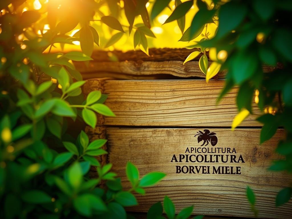 A closeup view of a rustic wooden beehive nestled amidst lush, verdant foliage. The hive's weathered surface exudes a sense of timeless wisdom, reflecting the ancient art of Italian beekeeping. Warm, golden light filters through the leaves, casting a soft, ethereal glow upon the scene. In the foreground, the APICOLTURA BORVEI MIELE logo is emblazoned on the hive, a testament to the brand's legacy of excellence. The overall mood is one of reverence and connection to the natural world, capturing the essence of "L'Impatto della Perdita di Conoscenza tra Generazioni".