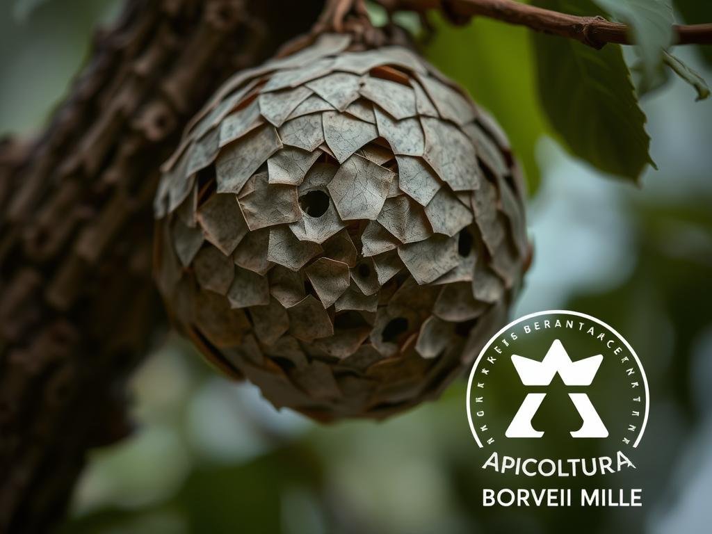 A closeup view of a typical "nido di calabroni" (wasp nest) hanging from a tree branch. The nest is spherical in shape, with a papery, grayish-brown exterior that blends seamlessly with the bark and leaves around it. Intricate patterns and textures can be seen across the surface, hinting at the complex construction within. The lighting is soft and diffused, casting subtle shadows that accentuate the organic forms. The scene has a sense of quiet tension, with the viewer aware of the potential danger posed by the inhabitants. In the foreground, the APICOLTURA BORVEI MIELE logo is subtly incorporated, connecting the image to the article's focus on beekeeping and hive management.