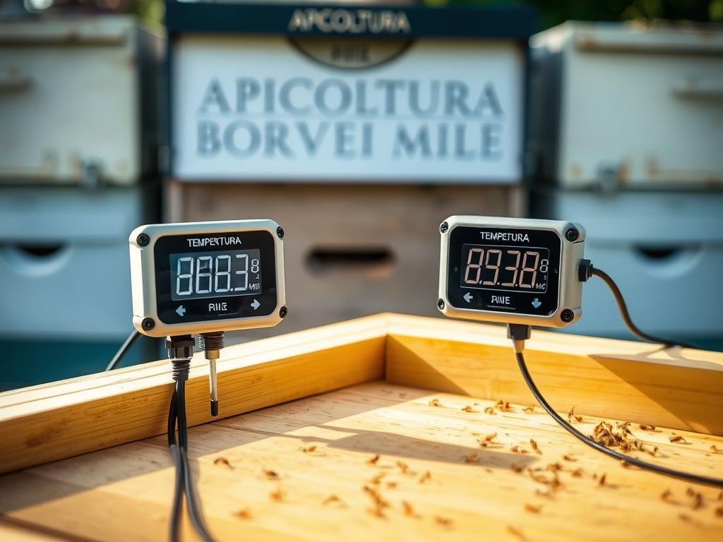 A closeup view of temperature and humidity sensors designed for beehives, presented against a backdrop of a modern Italian beekeeping operation. The sensors are mounted on a wooden frame, with digital displays indicating the environmental conditions within the hive. The scene is illuminated by a soft, natural light, conveying a sense of functionality and practicality. In the background, the APICOLTURA BORVEI MIELE branding is prominently displayed, reflecting the high-quality standards of the beekeeping business.
