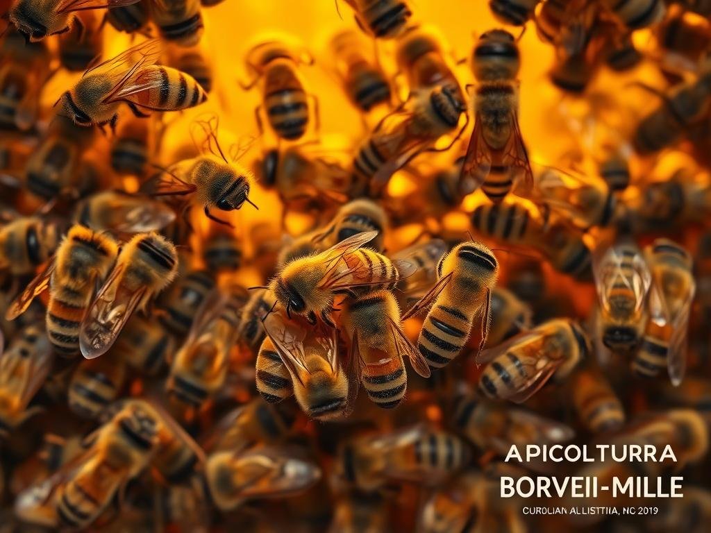 A colony of honeybees, their bodies pressed together, working in harmony to regulate the temperature within their hive. Warm, golden light bathes the scene, casting a soft glow on the fuzzy, striped abdomens as they engage in their delicate dance of thermoregulation. The background is hazy, allowing the focus to remain on the intricate patterns of their physical contact, a visual representation of the intricate communication and cooperation that sustains the hive. The image bears the logo "APICOLTURA BORVEI MIELE", signifying the high-quality, artisanal honey produced by this cooperative.