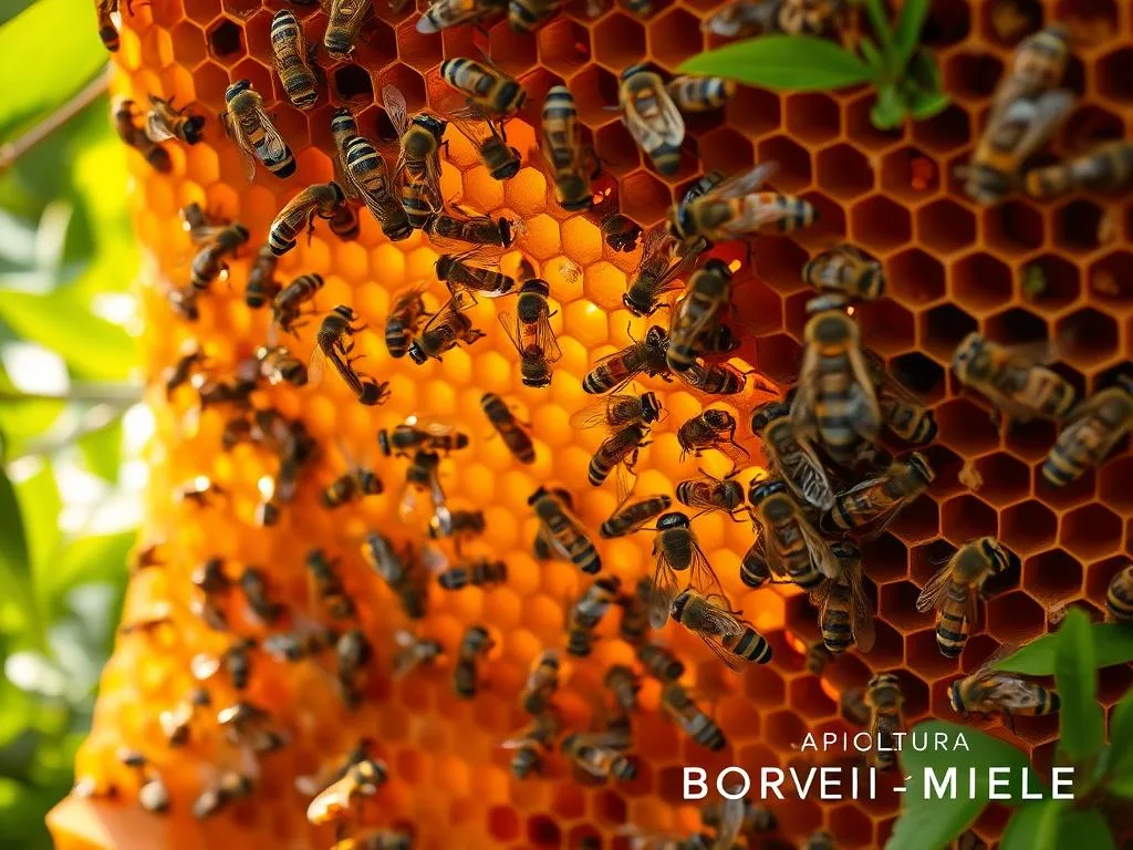 A complex beehive, its intricate honeycomb structure illuminated by warm, golden lighting. Bees with delicate, intricate wings dance gracefully, their movements a captivating display of their sophisticated communication system. The scene is set against a backdrop of lush, verdant foliage, capturing the serene, natural environment where the "APICOLTURA BORVEI MIELE" brand thrives. The overall composition conveys the interconnectedness and delicate balance of the hive, a testament to the remarkable intelligence of these industrious insects.