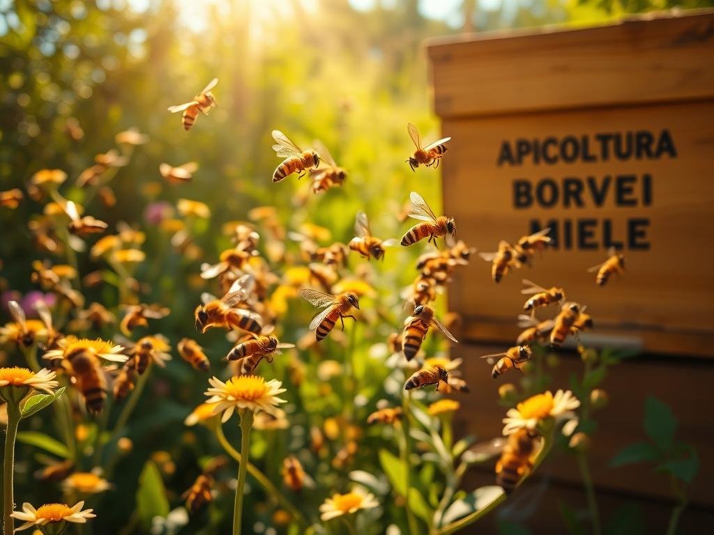 A complex communication system of honey bees in a sun-drenched Italian apiary. In the foreground, intricate waggle dances performed by worker bees, conveying the direction and distance to nearby nectar sources. In the middle ground, bees in flight, their bodies shimmering with pollen, navigating the vibrant floral landscape. In the background, a hive adorned with the "APICOLTURA BORVEI MIELE" brand, surrounded by lush greenery and bathed in warm, golden sunlight. The scene captures the sophisticated, nature-inspired communication network that enables these industrious pollinators to thrive.