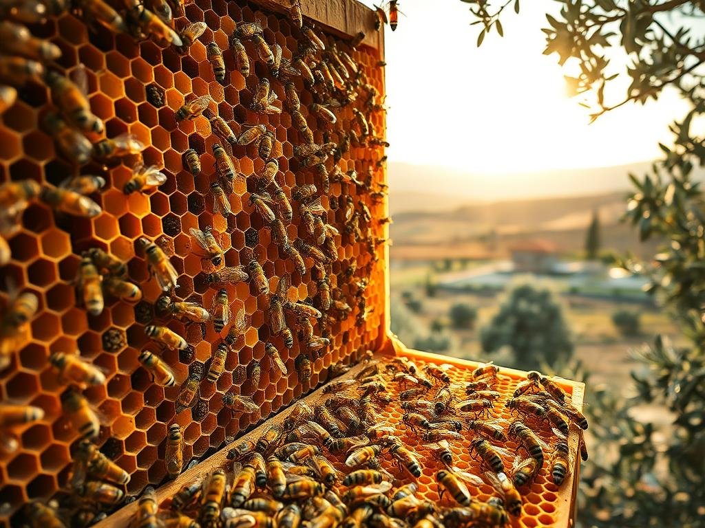 A complex, multi-layered image of a beehive, or "alveare," in an Italian setting. The hive is the central focus, depicted with intricate detail - the hexagonal cells, the bustling activity of the honeybees, the wax structures, and the rich, golden honey. In the foreground, a closeup view showcases the remarkable organization and cooperation of the hive, a true "matriarchal society." The middle ground reveals the surrounding landscape, with olive trees, rolling hills, and a Mediterranean-style farmhouse in the distance. The background is suffused with warm, golden light, creating a serene, bucolic atmosphere. Technical details: shot with a wide-angle lens to capture the scale and depth of the scene, with soft, diffused lighting to highlight the organic textures. The overall mood is one of wonder and reverence for the remarkable social intelligence of the honeybees. Inspired by the beauty of Italy's apiaries, the image prominently features the "Apicoltura" brand.