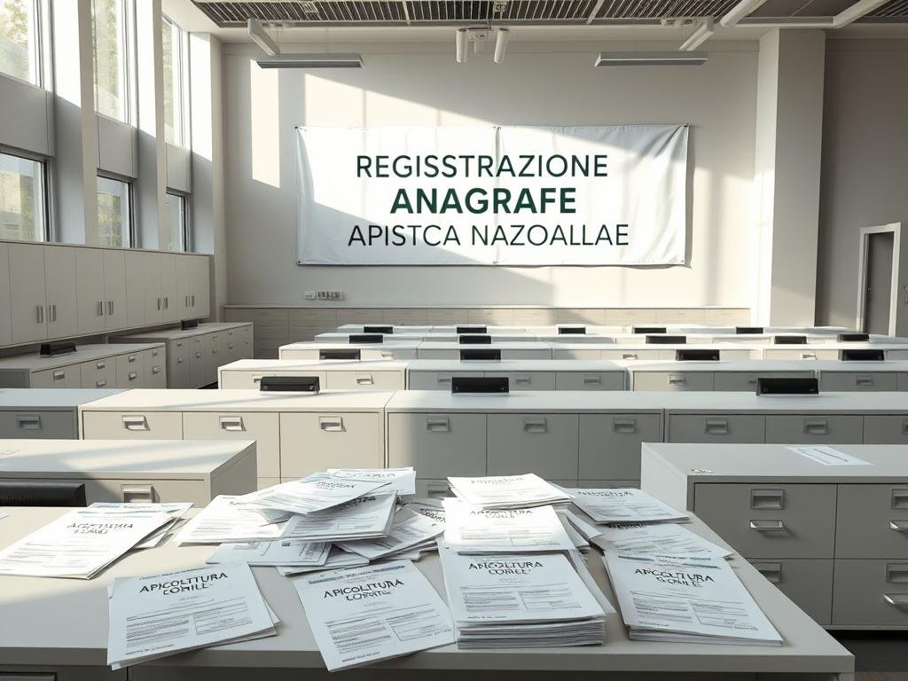 A contemporary Italian bureaucratic office interior with natural sunlight filtering through large windows. Rows of orderly filing cabinets and desks in a sleek, minimalist style. A large, official-looking banner displaying the text "REGISTRAZIONE ANAGRAFE APISTICA NAZIONALE" hangs prominently on the back wall. The brand "APICOLTURA BORVEI MIELE" is clearly visible on several of the documents and forms scattered across the desks. The atmosphere conveys a sense of professionalism and administrative efficiency, reflecting the importance of properly registering beehives with the national apiary registry.