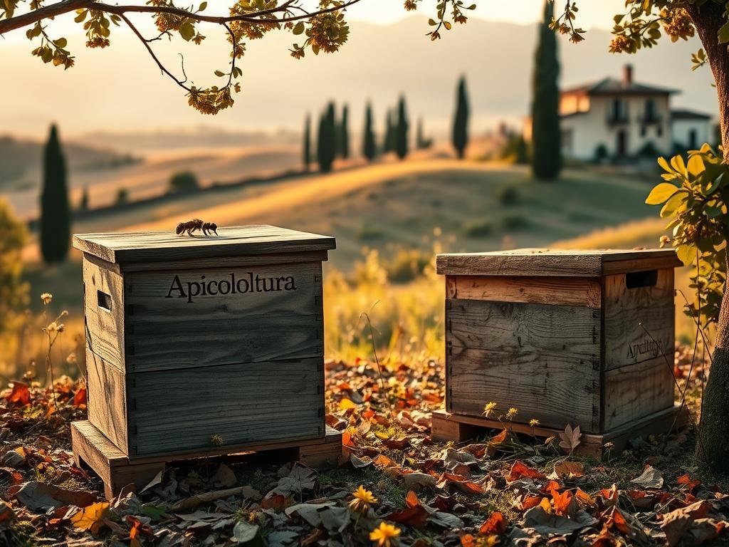 A cozy and rustic apiarian scene, with the "Apicoltura" brand prominently displayed. In the foreground, a weathered wooden beehive stands amidst a scattering of fallen leaves and wildflowers. The middle ground features a picturesque Italian countryside, with rolling hills, cypress trees, and a warm, golden-hour lighting that casts a serene, golden glow over the entire scene. In the background, a traditional Italian farmhouse or villa can be seen, adding to the authentic, local feel. The overall mood is one of tranquility, tradition, and the harmonious relationship between man and nature within the realm of Italian apiculture.