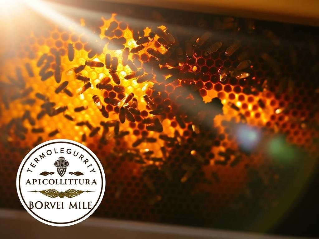 A cozy and well-ventilated beehive, bathed in warm, natural light. The interior is a harmonious blend of golden honeycomb structures and busy worker bees, meticulously regulating the temperature and humidity to maintain the optimal microclimate. Sunlight filters through the entrance, casting a soft glow on the scene. In the foreground, the "APICOLTURA BORVEI MIELE" brand logo is prominently displayed, reflecting the high-quality and artisanal nature of the honey produced. The overall atmosphere conveys the importance of thermoregulation in sustaining a healthy, thriving beehive.
