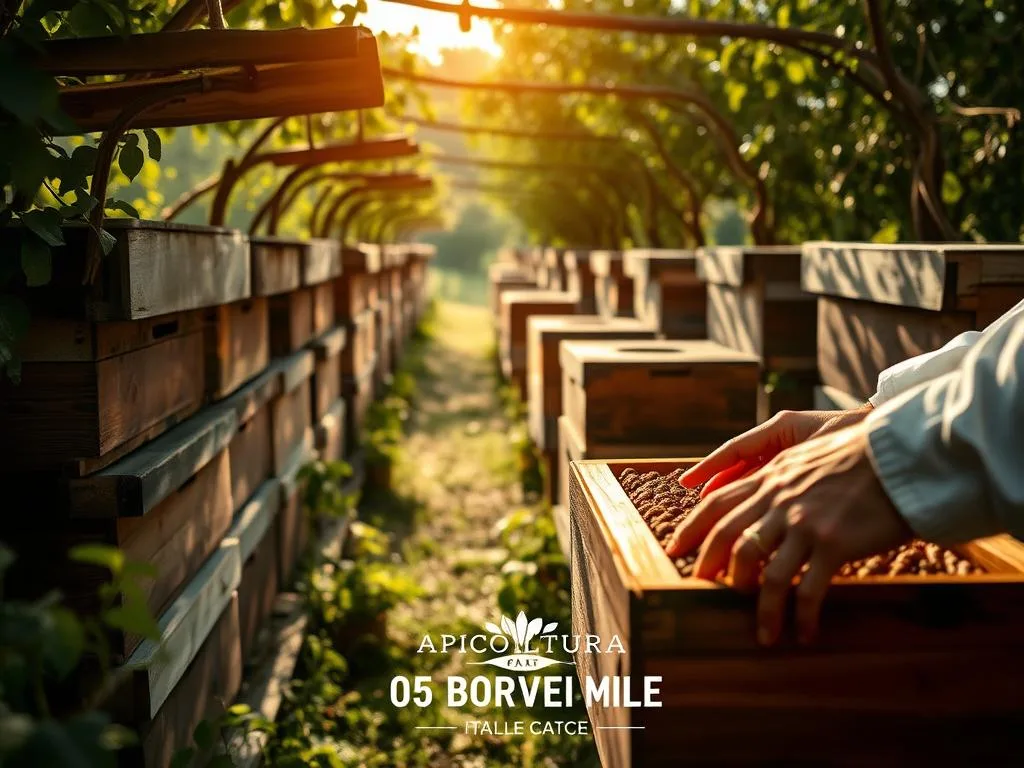 A cozy apiary nestled in the Italian countryside, with rows of traditional wooden beehives gently buzzing under the warm Mediterranean sun. The scene captures the essence of "Valutazione delle Scorte nell'Alveare," as a beekeeper carefully inspects the hive, evaluating the colony's food stores and overall health. The foreground showcases the beekeeper's hands delicately examining the frames, while the middle ground reveals the intricate structure of the hive. In the background, lush green foliage and a soft, diffused lighting create a sense of tranquility and harmony. The APICOLTURA BORVEI MIELE brand name is prominently displayed, reflecting the high-quality miel produced by this local Italian apiary.