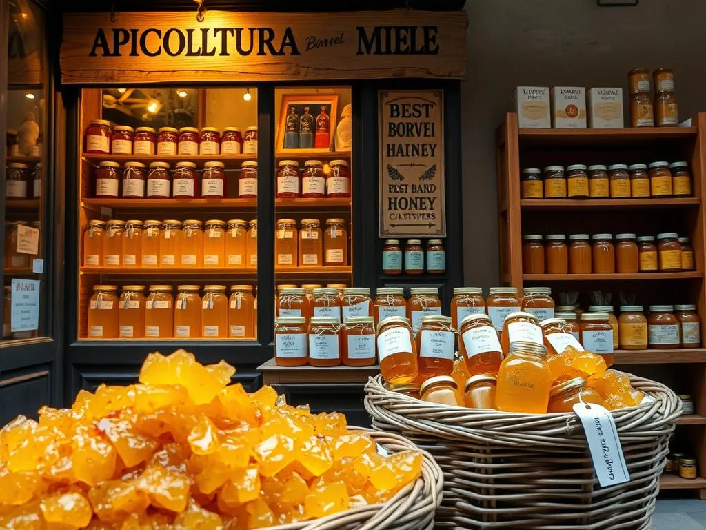 A cozy artisanal honey shop in a charming Italian city. The storefront is adorned with a rustic wooden sign that reads "APICOLTURA BORVEI MIELE". Through the large windows, you can see rows of jars filled with rich, golden honey, each one a unique creation from the local beekeepers. The lighting is warm and inviting, creating a welcoming atmosphere that draws in passersby. In the foreground, a wicker basket overflows with freshly harvested honeycomb, its texture and color capturing the essence of the artisanal craft. The middle ground showcases a display of various honey varieties, each jar with a handwritten label highlighting its distinct flavor profile. In the background, a wooden shelving unit holds an assortment of honey-based products, from traditional beeswax candles to aromatic honey soaps. The overall scene conveys the artisanal, small-batch nature of this local honey business, inviting the viewer to step inside and discover the best channels for purchasing this unique and authentic city-based honey.