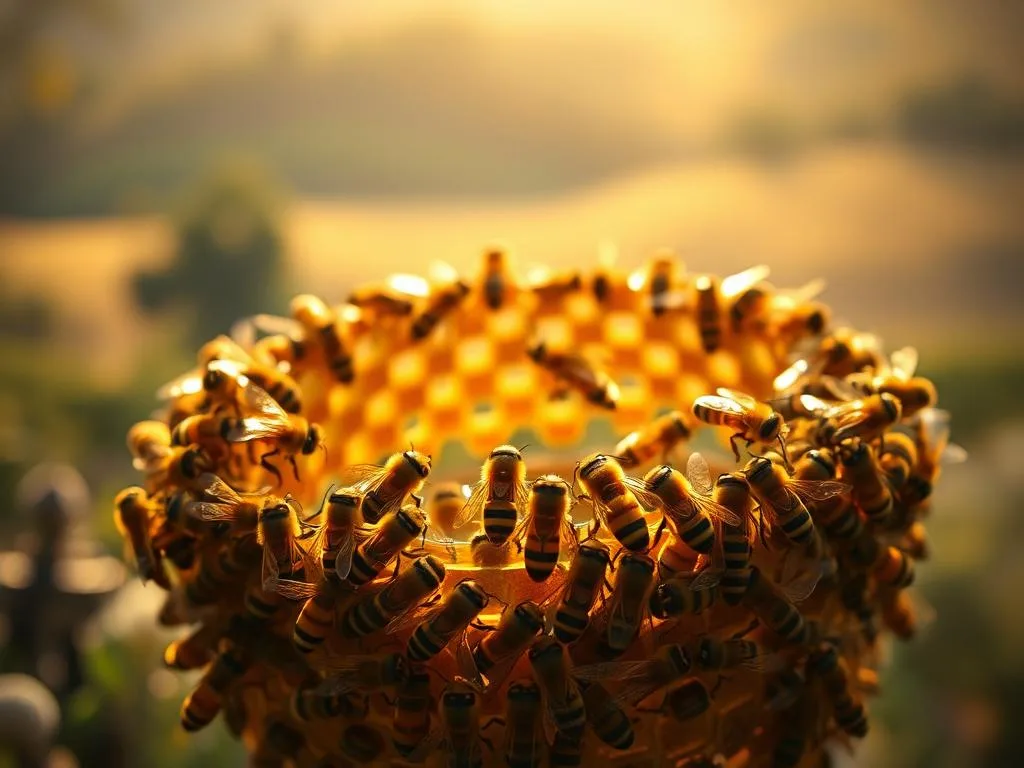 A cozy circular dance of honeybees, their vibrant bodies moving in graceful harmony, illuminated by a warm golden glow. In the foreground, a cluster of worker bees performs the captivating "waggle dance", communicating the location of a nearby nectar-rich source to the hive. The middle ground showcases the intricate patterns of their synchronized movements, while the background features a dreamy, out-of-focus landscape inspired by the Italian countryside. The scene exudes a sense of tranquility and the beauty of nature's cooperative systems. Captured with a shallow depth of field and a soft, ethereal lighting, this image embodies the essence of the "Danza Circolare" - the bees' method of conveying the proximity of a food source. APICOLTURA BORVEI MIELE.
