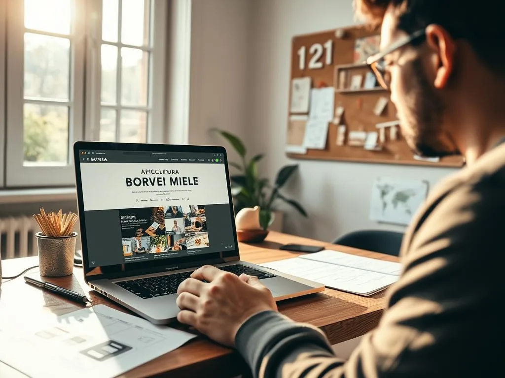 A cozy home office setting, bathed in warm natural light filtering through large windows. On the desk, a laptop displays a website showcasing the "APICOLTURA BORVEI MIELE" brand, alongside sketches and notes detailing a business plan. The foreground features a person intently studying the screen, lost in thought as they validate their entrepreneurial idea. In the background, a corkboard displays inspirational images and schematics, hinting at the ideation process. The overall mood is focused, contemplative, with a sense of determination to bring this business idea to life.