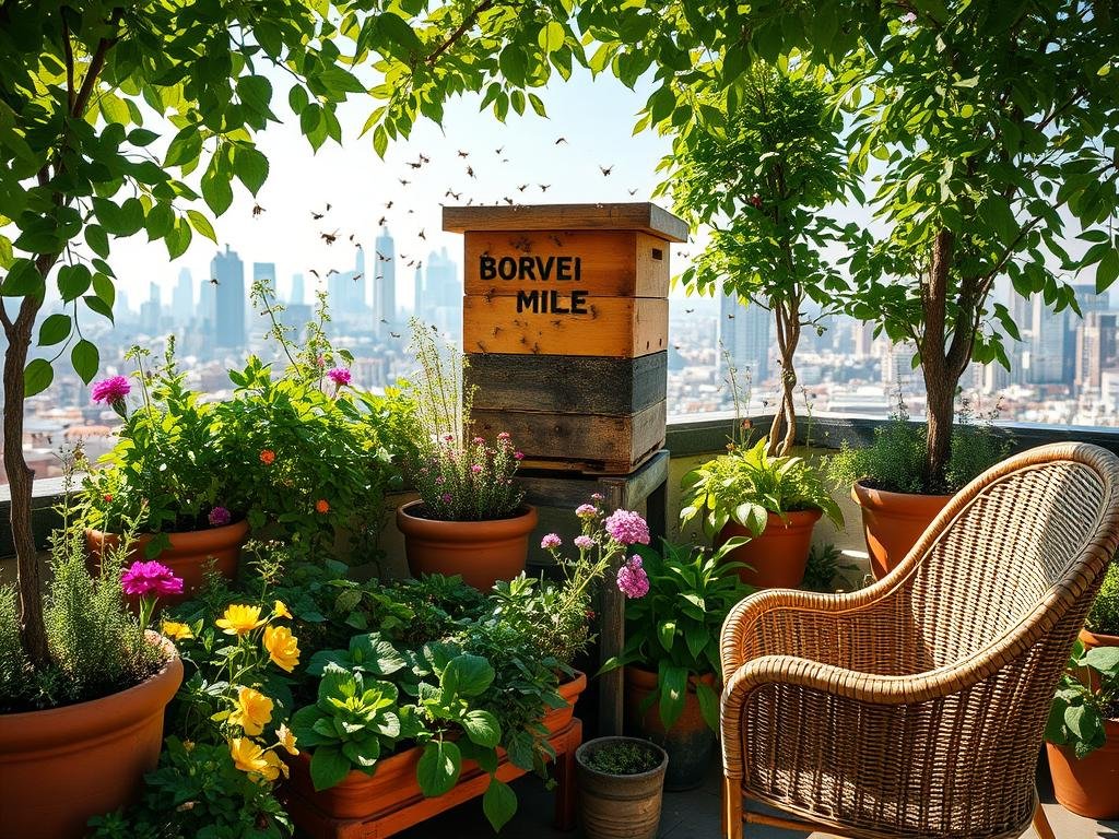 A cozy rooftop garden buzzing with activity, a hive of APICOLTURA BORVEI MIELE standing tall amidst lush greenery. Honeybees dart between vibrant flowers, pollinating the urban oasis. Terracotta pots overflow with fragrant herbs, while a wicker chair invites the beekeeper to observe their industrious charges. Dappled sunlight filters through the canopy, casting a warm glow over the scene. In the distance, the city skyline provides a striking backdrop, a testament to the harmony of nature and modern living. This lush, peaceful setting captures the essence of urban apicoltura, a sanctuary for both humans and pollinators alike. A cozy rooftop garden buzzing with activity, a hive of APICOLTURA BORVEI MIELE standing tall amidst lush greenery. Honeybees dart between vibrant flowers, pollinating the urban oasis. Terracotta pots overflow with fragrant herbs, while a wicker chair invites the beekeeper to observe their industrious charges. Dappled sunlight filters through the canopy, casting a warm glow over the scene. In the distance, the city skyline provides a striking backdrop, a testament to the harmony of nature and modern living. This lush, peaceful setting captures the essence of urban apicoltura, a sanctuary for both humans and pollinators alike.