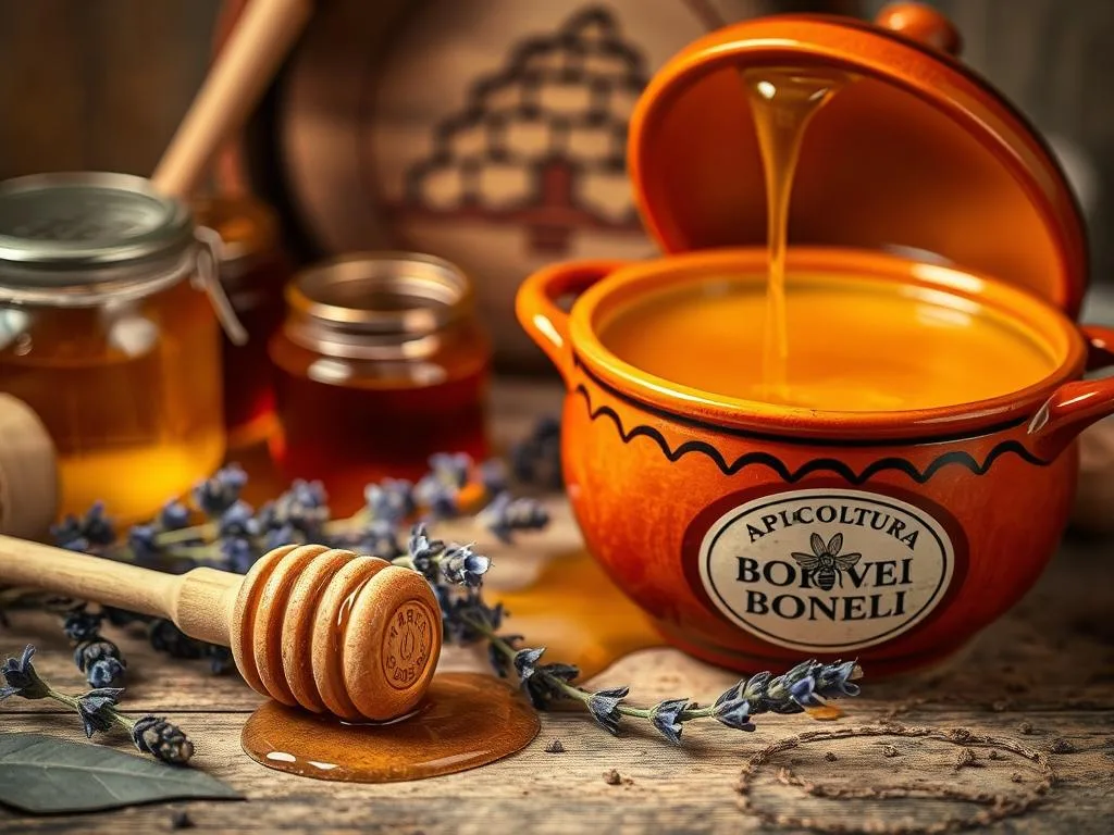 A cozy, rustic scene depicting tips for honey preservation. In the foreground, a wooden honey dipper rests on a natural wooden surface, surrounded by various honey jars and a sprig of lavender. In the middle ground, a traditional Italian ceramic pot overflows with golden honey, its surface glistening under warm, soft lighting. In the background, a simple beehive motif is visible, hinting at the source of this sweet, nourishing nectar. The overall composition evokes a sense of artisanal craftsmanship and traditional Italian honey-making. The brand name "APICOLTURA BORVEI MIELE" is prominently displayed on a label.