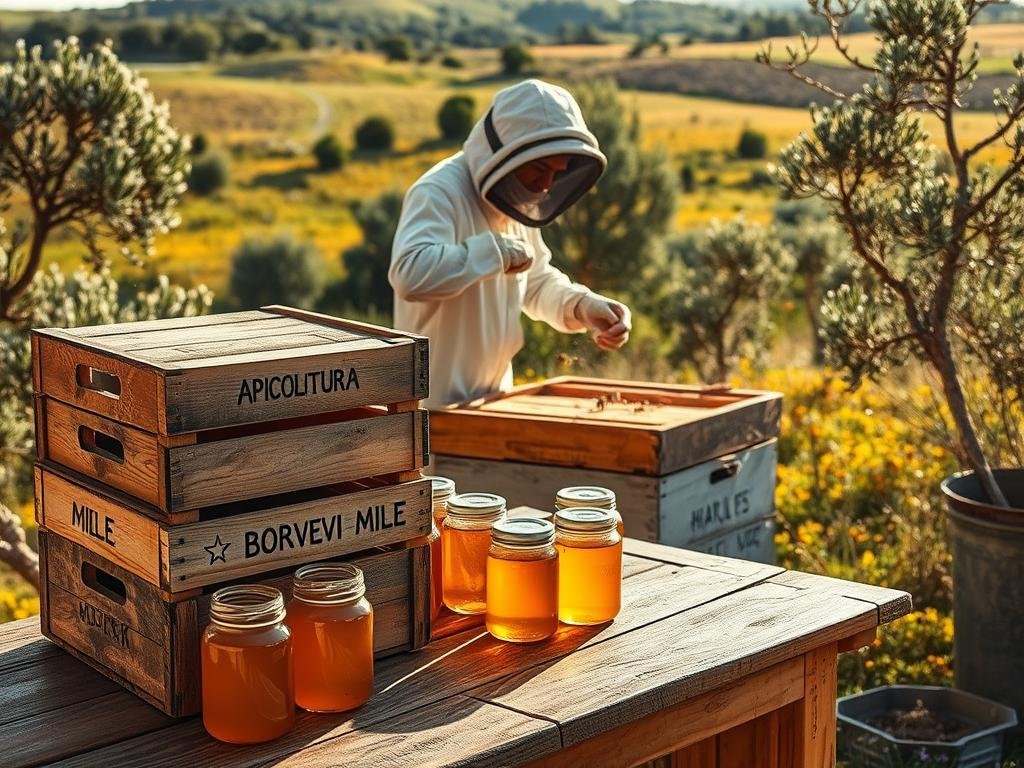 A cozy, rustic scene of a beekeeping operation in rural Italy. In the foreground, a stack of wooden crates labeled "APICOLTURA BORVEI MIELE" sits on a weathered wooden table, surrounded by jars of golden honey. In the middle ground, a beekeeper in a protective suit carefully tends to a buzzing hive, their movements graceful and deliberate. The background features a lush, rolling landscape dotted with wildflowers and olive trees, bathed in warm, golden sunlight. The overall mood is one of tranquility and productivity, capturing the essence of Italy's vibrant local honey industry. A cozy, rustic scene of a beekeeping operation in rural Italy. In the foreground, a stack of wooden crates labeled "APICOLTURA BORVEI MIELE" sits on a weathered wooden table, surrounded by jars of golden honey. In the middle ground, a beekeeper in a protective suit carefully tends to a buzzing hive, their movements graceful and deliberate. The background features a lush, rolling landscape dotted with wildflowers and olive trees, bathed in warm, golden sunlight. The overall mood is one of tranquility and productivity, capturing the essence of Italy's vibrant local honey industry.