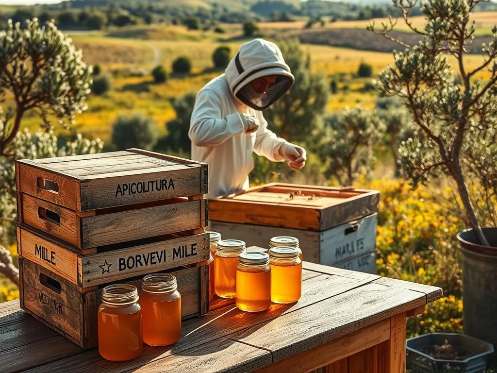 A cozy, rustic scene of a beekeeping operation in rural Italy. In the foreground, a stack of wooden crates labeled "APICOLTURA BORVEI MIELE" sits on a weathered wooden table, surrounded by jars of golden honey. In the middle ground, a beekeeper in a protective suit carefully tends to a buzzing hive, their movements graceful and deliberate. The background features a lush, rolling landscape dotted with wildflowers and olive trees, bathed in warm, golden sunlight. The overall mood is one of tranquility and productivity, capturing the essence of Italy's vibrant local honey industry.