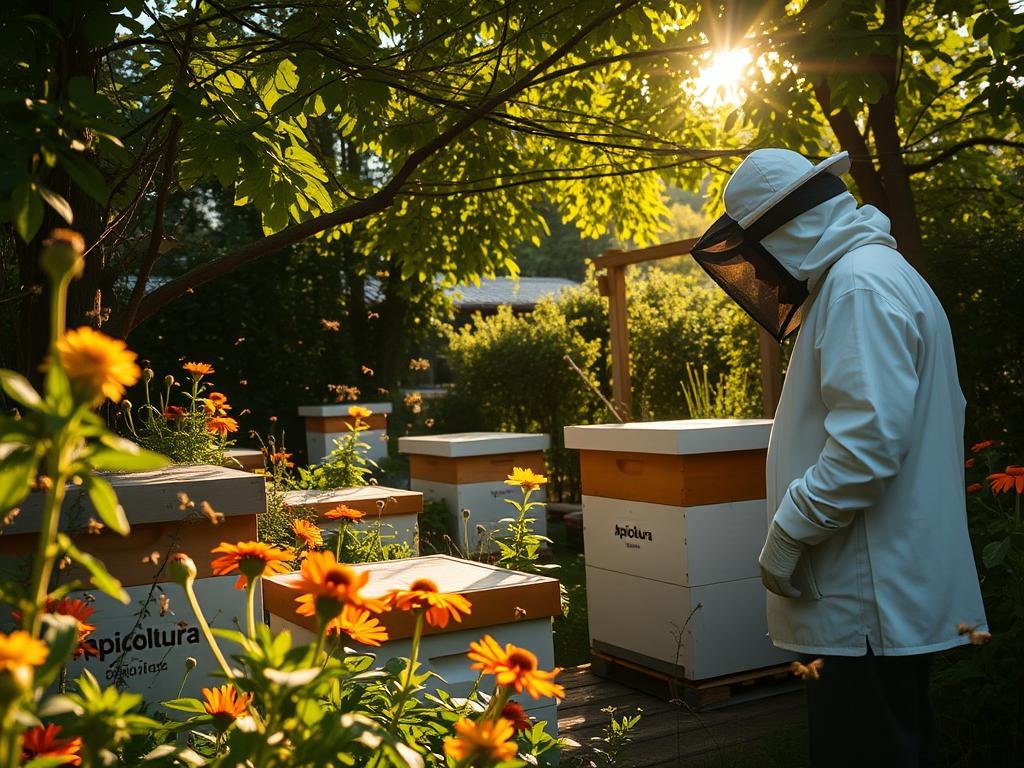 A cozy urban apiary amidst lush greenery, with Apicoltura brand beehives nestled beneath a canopy of trees. Sunlight filters through the foliage, casting a warm, golden glow across the scene. Bees flit between vibrant flowers, pollinating the thriving vegetation. In the foreground, a beekeeper in protective gear tends to the hives, showcasing the harmonious integration of nature and human activity. The overall atmosphere evokes a sense of tranquility and the rewarding pursuit of urban beekeeping.