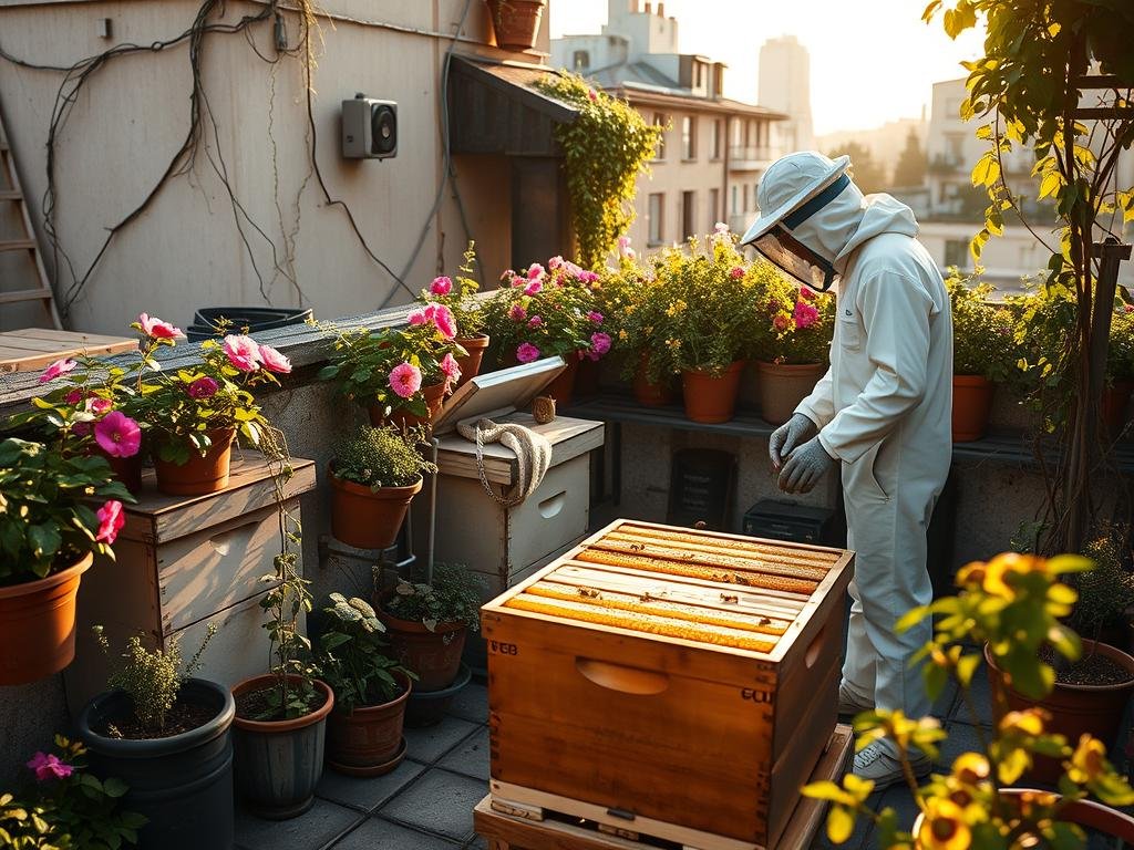 A cozy urban rooftop garden, lush with blooming flowers and thriving beehives. In the foreground, a beekeeper in a crisp white suit carefully tends to the APICOLTURA BORVEI MIELE hives, their golden honey glistening in the warm afternoon sun. Surrounded by potted plants and winding vines, the scene exudes a sense of harmony and community, reflecting the section on "Convivenza con i Vicini e la Comunità". The image is captured with a soft, natural lighting, emphasizing the organic, sustainable nature of urban beekeeping.