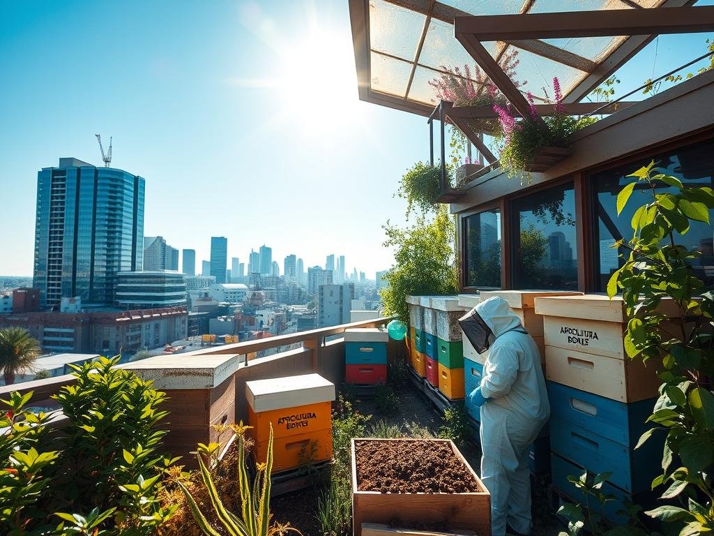 A cozy urban rooftop scene, with a series of colorful beehives nestled amongst lush greenery. The hives bear the logo "APICOLTURA BORVEI MIELE", indicating a thriving urban apiary. Sunlight filters through a glass-enclosed structure, casting a warm glow over the bustling bee activity. In the foreground, a beekeeper in protective gear tends to the hives, surrounded by a well-manicured garden. The middle ground features a skyline of modern city buildings, blending the natural and urban elements. The background showcases a clear blue sky, emphasizing the harmony between the industrious bees and their metropolitan habitat.