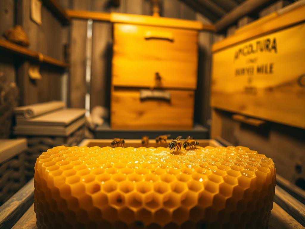 A cozy, warmly lit interior of an old-fashioned Italian apiary, showcasing the intricate process of honeycomb construction. In the foreground, a large pane d'api (honeycomb) takes center stage, its golden hexagonal cells glistening with fresh, fragrant honey. The middle ground features a close-up view of industrious honeybees meticulously tending to the comb, their delicate movements captured in crisp detail. In the background, a wooden beehive stands tall, bearing the label "APICOLTURA BORVEI MIELE", a nod to the artisanal nature of the scene. The lighting is soft and diffuse, creating a sense of tranquility and inviting the viewer to immerse themselves in the captivating world of honeybee activity.