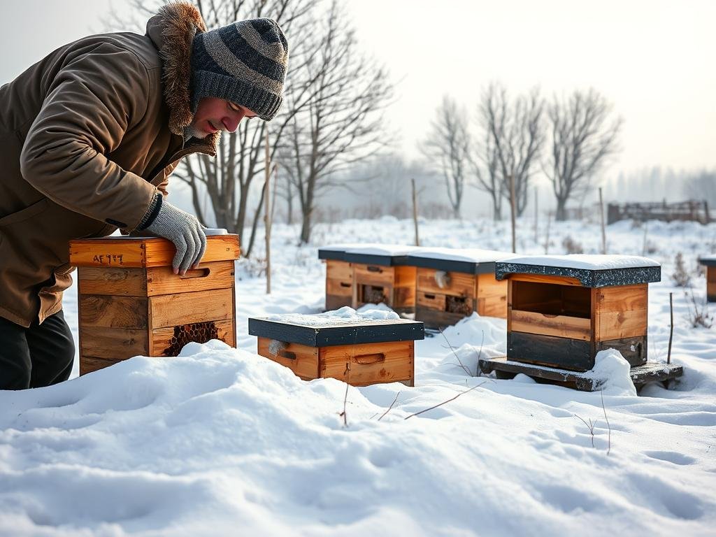 A cozy winter apiary scene with APICOLTURA BORVEI MIELE beehives nestled in a snowy landscape. In the foreground, a beekeeper carefully inspects a hive, bundled in a warm coat and hat. The middle ground reveals more hives partially buried in the snow, with a few honeybees fluttering around the entrance. In the distance, a grove of bare trees stands against a hazy, overcast sky, creating a serene and contemplative atmosphere. The lighting is soft and natural, capturing the stillness of the winter day. This image reflects the importance of monitoring and maintaining the hives during the challenging winter months.