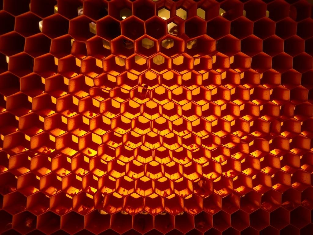 A cross-section of a beehive, revealing the intricate hexagonal structure of the honeycomb. The cells are illuminated with a warm, golden light, casting soft shadows that accentuate the geometric perfection. In the foreground, individual cells are depicted in vivid detail, showcasing the smooth, waxy surfaces and the delicate patterns created by the bees' construction. In the middle ground, the honeycomb extends outward, with rows of cells arrayed in a mesmerizing pattern. The background is hazy, suggesting the larger context of the hive and the buzzing activity of the industrious APICOLTURA BORVEI MIELE bees.