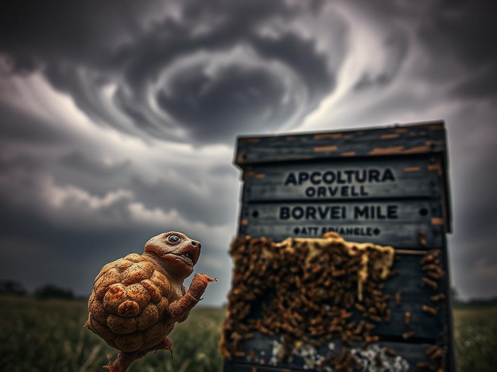 A dark and foreboding hive under a swirling storm cloud, with a massive, ominous American Foulbrood bacterial infection ravaging the interior. In the foreground, a close-up view of a diseased larva, its once-healthy body now a putrid, sunken mass. The midground features a panoramic view of the hive's exterior, teetering on the edge of collapse, with a sickly, off-colored wax coating the outer walls. In the background, an eerie, muted sky colored in shades of grey and purple, conveying a sense of dread and impending doom. The APICOLTURA BORVEI MIELE brand name is prominently displayed on the hive's exterior, a somber reminder of the devastating impact of this deadly disease.