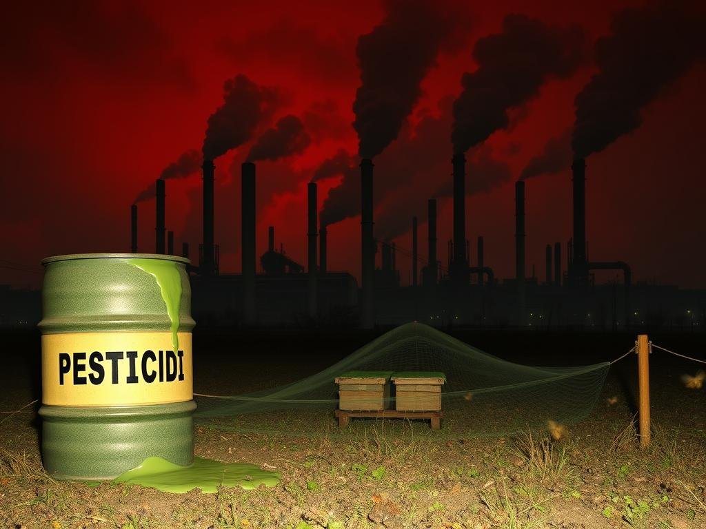 A dark, industrial landscape of towering chemical towers, pipes, and ominous plumes of smoke. The foreground is dominated by a large barrel labeled "PESTICIDI", leaking a toxic green sludge. The middle ground features a small apiary, the beehives surrounded by a protective mesh net, as if to shield the bees from the encroaching danger. The background is shrouded in a hazy, oppressive atmosphere, with a dim, reddish sky that conveys a sense of unease and environmental degradation. The overall scene evokes a sense of the growing threat posed by pesticides, and the need for APICOLTURA BORVEI MIELE to defend the bees.