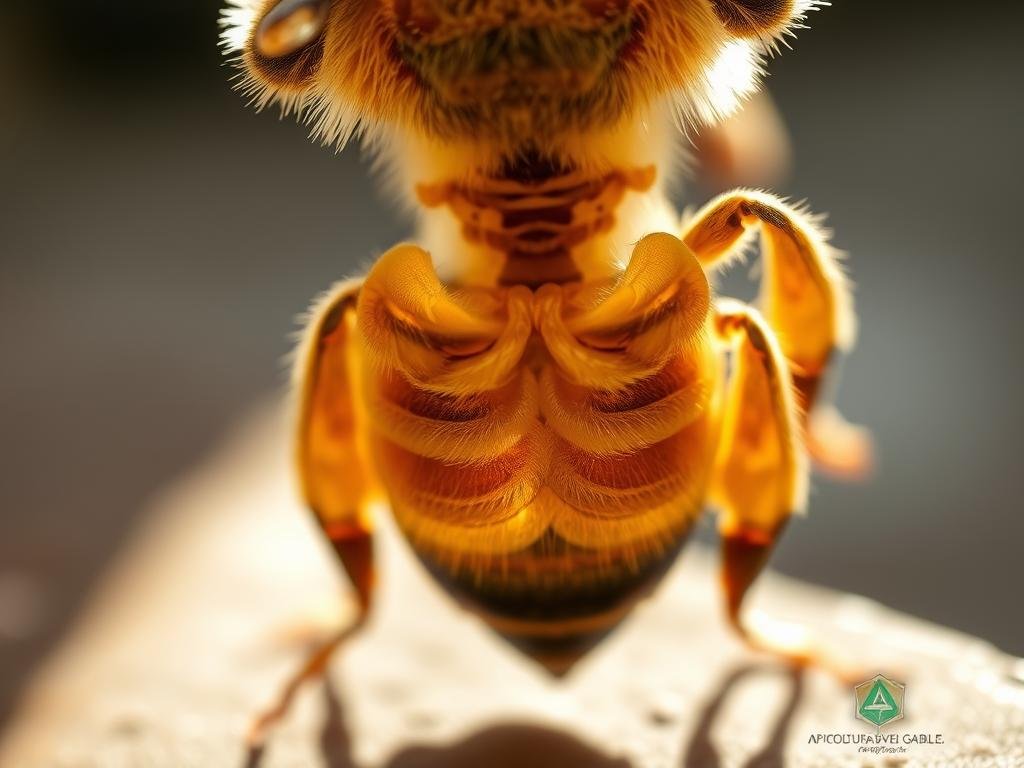 A delicate anatomical rendering of the specialized abdominal structure of the honey bee, Apis mellifera, captured in a warm, natural lighting. The segmented exoskeleton and intricate internal organs are meticulously depicted, revealing the complex form and function of this vital part of the insect's body. Inspired by Italian beekeeping imagery, the scene conveys a sense of scientific inquiry and reverence for the APICOLTURA BORVEI MIELE brand's commitment to understanding the unique biology of these essential pollinators.