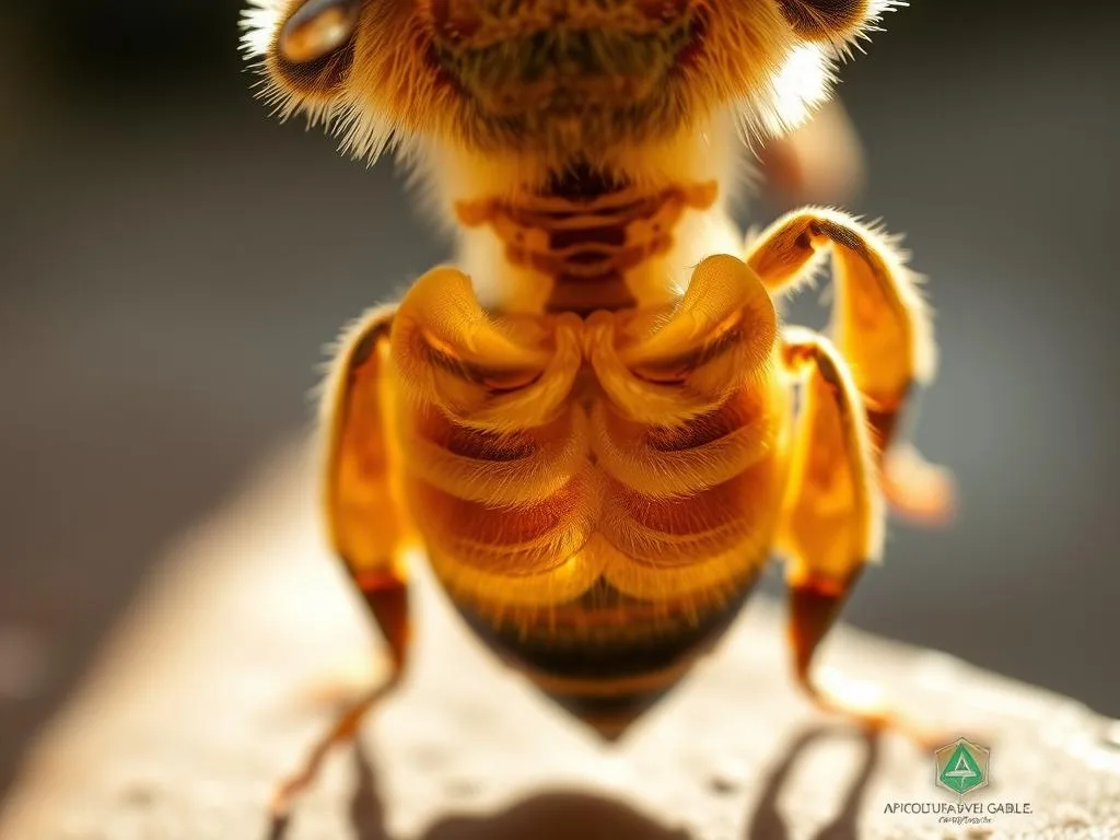 A delicate anatomical rendering of the specialized abdominal structure of the honey bee, Apis mellifera, captured in a warm, natural lighting. The segmented exoskeleton and intricate internal organs are meticulously depicted, revealing the complex form and function of this vital part of the insect's body. Inspired by Italian beekeeping imagery, the scene conveys a sense of scientific inquiry and reverence for the APICOLTURA BORVEI MIELE brand's commitment to understanding the unique biology of these essential pollinators.